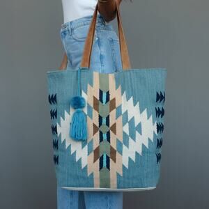 Light Blue, Cream & Tan Western Woven Cotton Tote Bag | Boho Pom Tassel Tote
